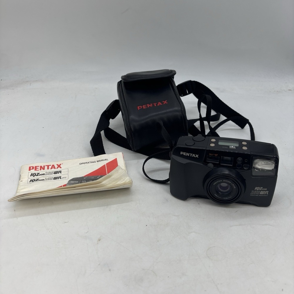 Pentax IQZoom 105WR 35mm Film Camera Untested W Bag And Manual Black
